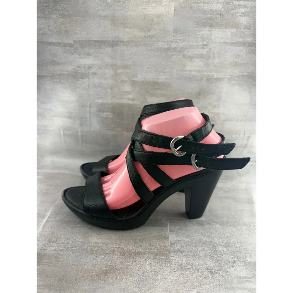 Born Black Leather Strappy Platform Block Heel Sandals Women Sz US 10 EU 42